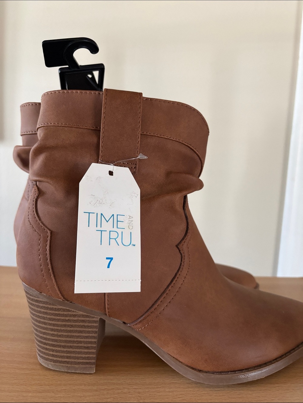 Time and Tru Tan Brown Stacked Heel Ankle Boots